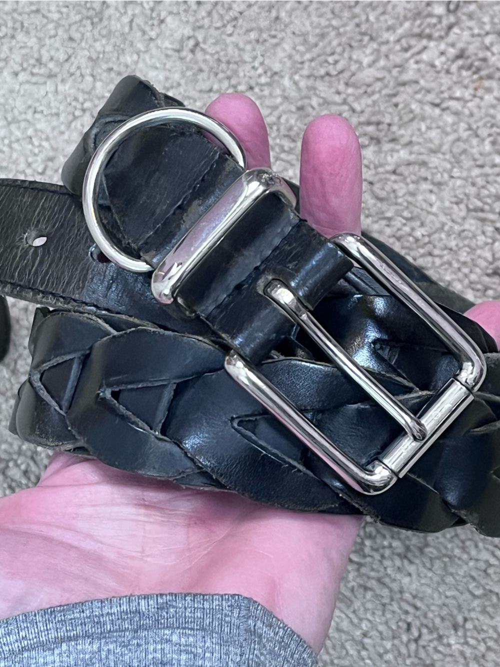 Polo Ralph Lauren Black Leather Woven Belt Mens 38 Silver Tone Hardware Preppy - Picture 2 of 8